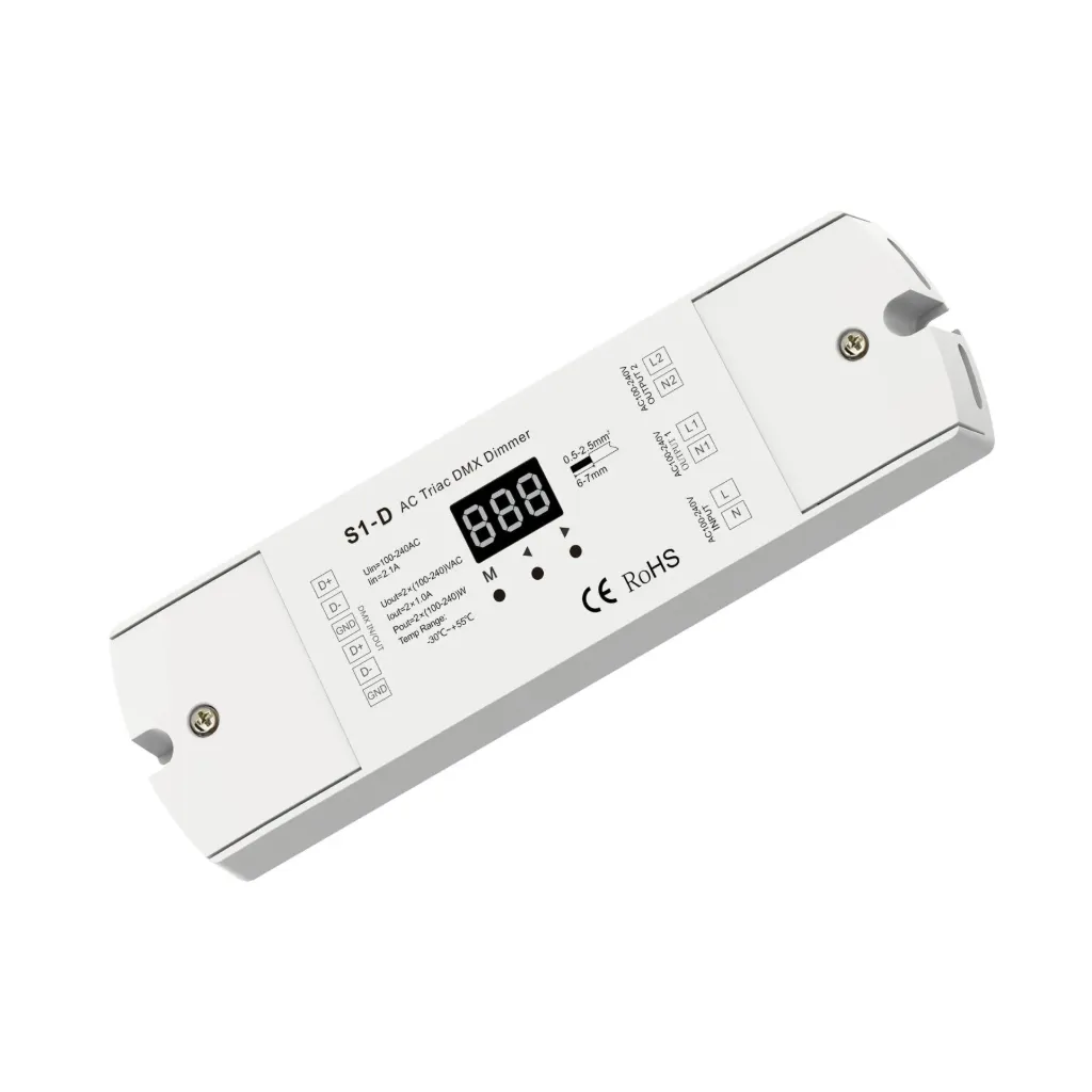 [DD5570] Dimmer DMX512 Triac 2 Canali per Lampade LED Dimmerabili 220V Taglio di Fase, Driver Triac, Alogene e Incandescenza, 1A/CH, RDM, S1-D