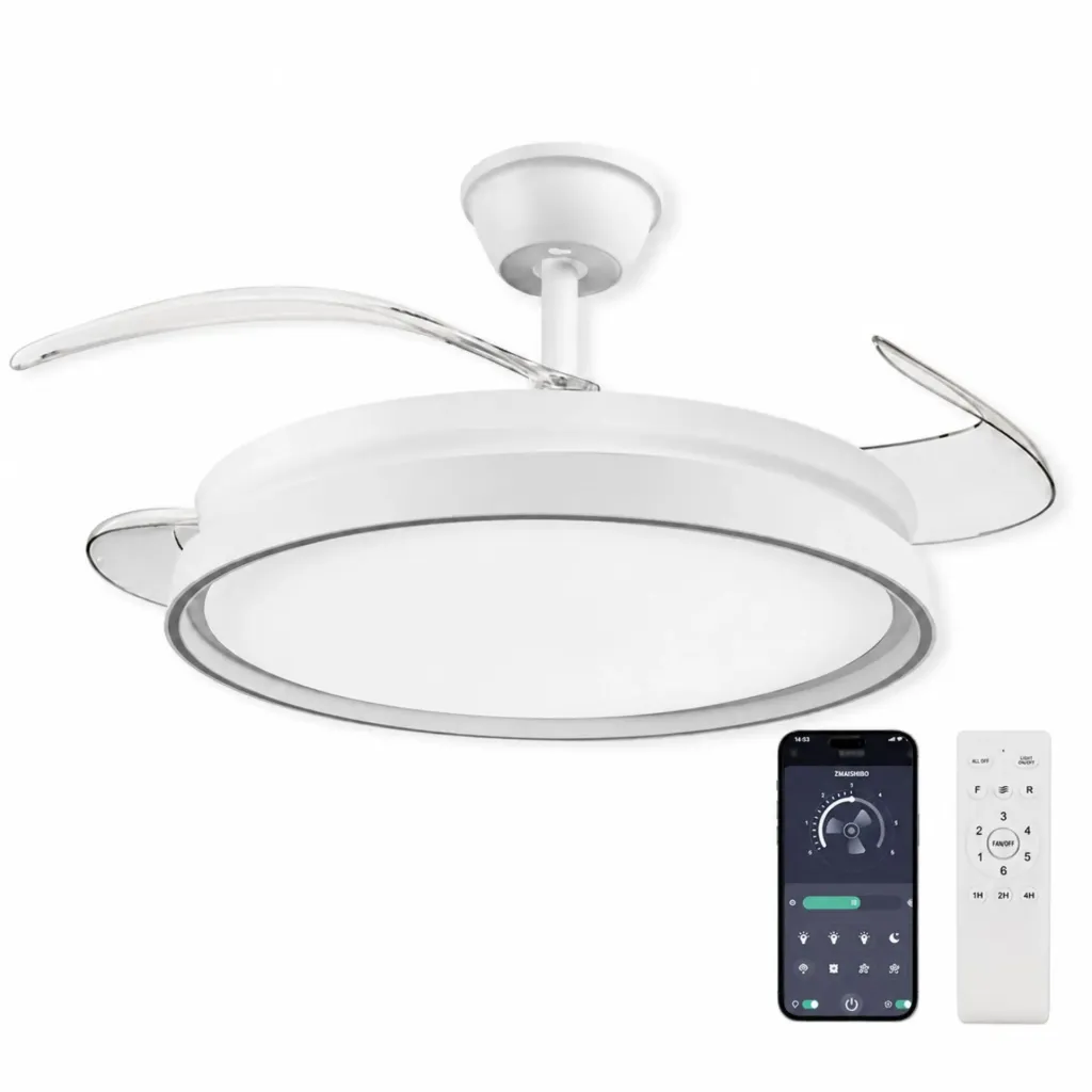[LP069034] Plafoniera LED con Ventilatore Integrato, 70W 6600lm CCT, Pale Pieghevoli, Motore DC 30W, Telecomando e App Bluetooth 2.4G, 6 Velocità, 3 Colori Luce