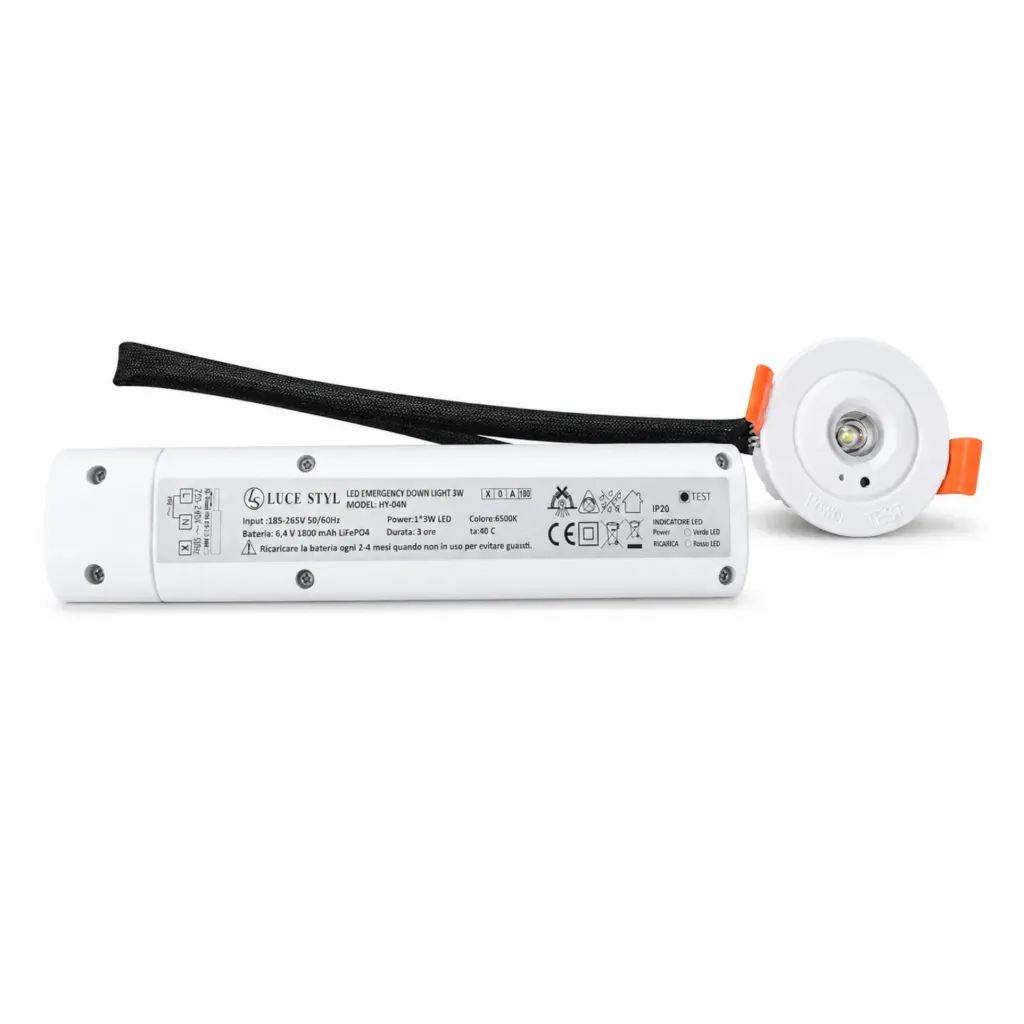 [FP0360F] Mini Faretto Led Emergenza da Incasso 3W 250lm 3 Ore D60X37mm Foro 42mm, Bianco 6500K, Modalità SA/SE, Batteria LiFePO4 6,4 V 1800mAh