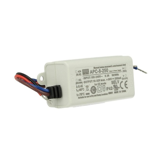 [MW-APC-8-250] Led Driver CC MeanWell APC-8-250 Trasformatore 250mA 16V-32V DC 8W Corrente Costante IP42