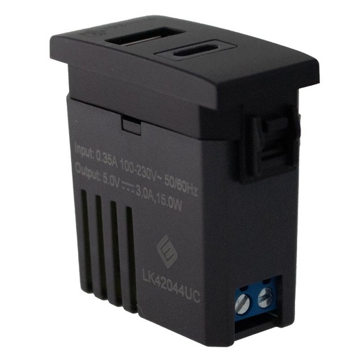[LK42044UCB] Modulo Presa Caricatore USB 5V 3A  USB-A + USB-C Colore Nero Compatibile Con Bticino Living e Vimar Plana