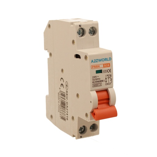 [GA27416] A2ZWORLD MCB Interruttore Magnetotermico Automatico Curva B 1P+N 1M 6000A B16A AC 230V IP20 IEC60898-1 PN8H
