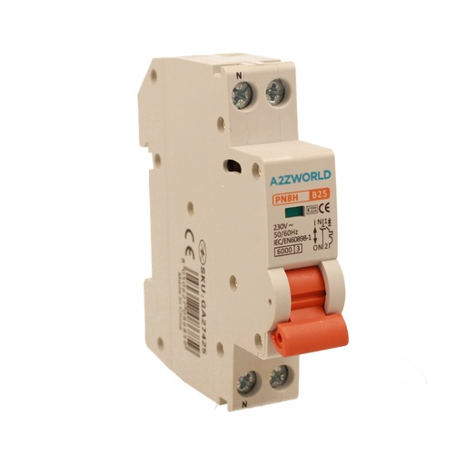 [GA27425] A2ZWORLD MCB Interruttore Magnetotermico Automatico Curva B 1P+N 1M 6000A B25A AC 230V IP20 IEC60898-1 PN8H
