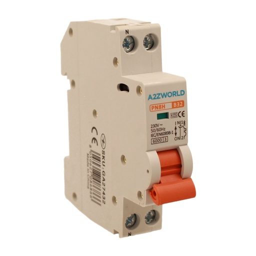 [GA27432] A2ZWORLD MCB Interruttore Magnetotermico Automatico Curva B 1P+N 1M 6000A B32A AC 230V IP20 IEC60898-1 PN8H