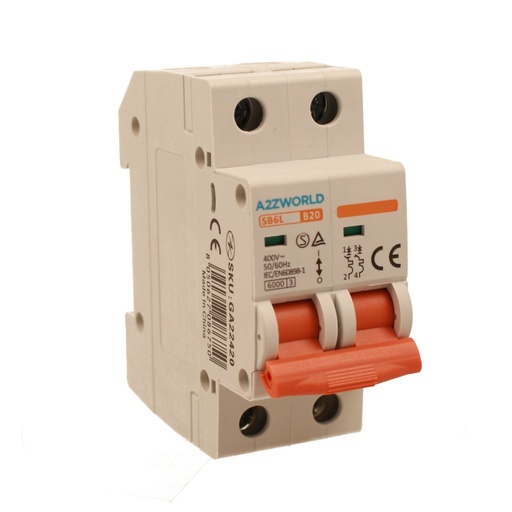 [GA22420] A2ZWORLD MCB Interruttore Magnetotermico Automatico Curva B 2P 2M 6000A B20A AC 400V IP20 IEC60898-1 SB6L