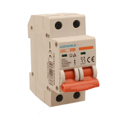 [GA22425] A2ZWORLD MCB Interruttore Magnetotermico Automatico Curva B 2P 2M 6000A B25A AC 400V IP20 IEC60898-1 SB6L