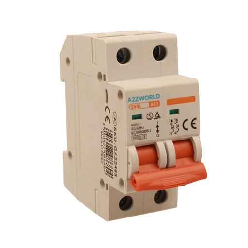 [GA22463] A2ZWORLD MCB Interruttore Magnetotermico Automatico Curva B 2P 2M 6000A B63A AC 400V IP20 IEC60898-1 SB6L