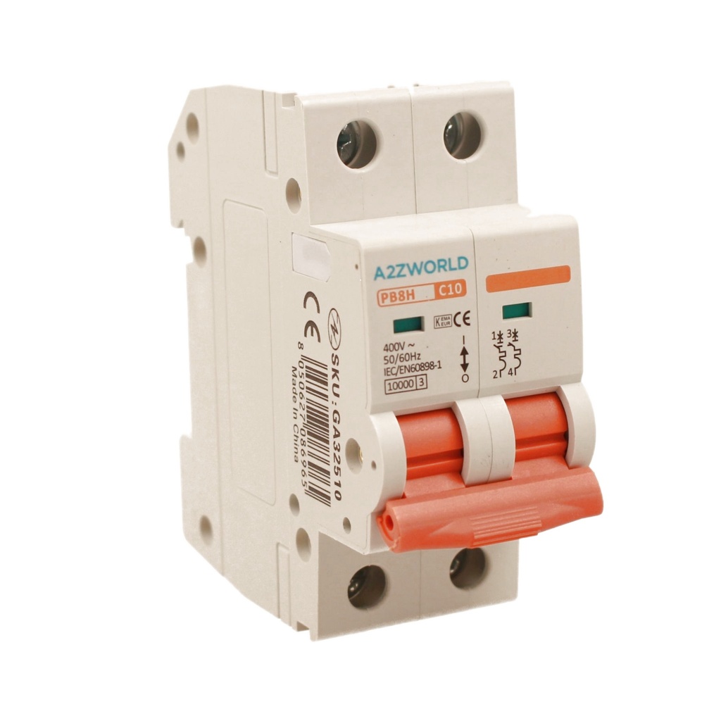 A2ZWORLD MCB Interruttore Magnetotermico Automatico Curva C 2P 2M 10000A AC 400V IP20 PB8H, Corrente Disponibili 10A 16A 20A 25A 32A 40A 50A 63A 