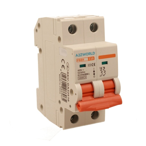 [GA32510] A2ZWORLD MCB Interruttore Magnetotermico Automatico Curva C 2P 2M 10000A C10A AC 400V IP20 IEC60898-1 PB8H