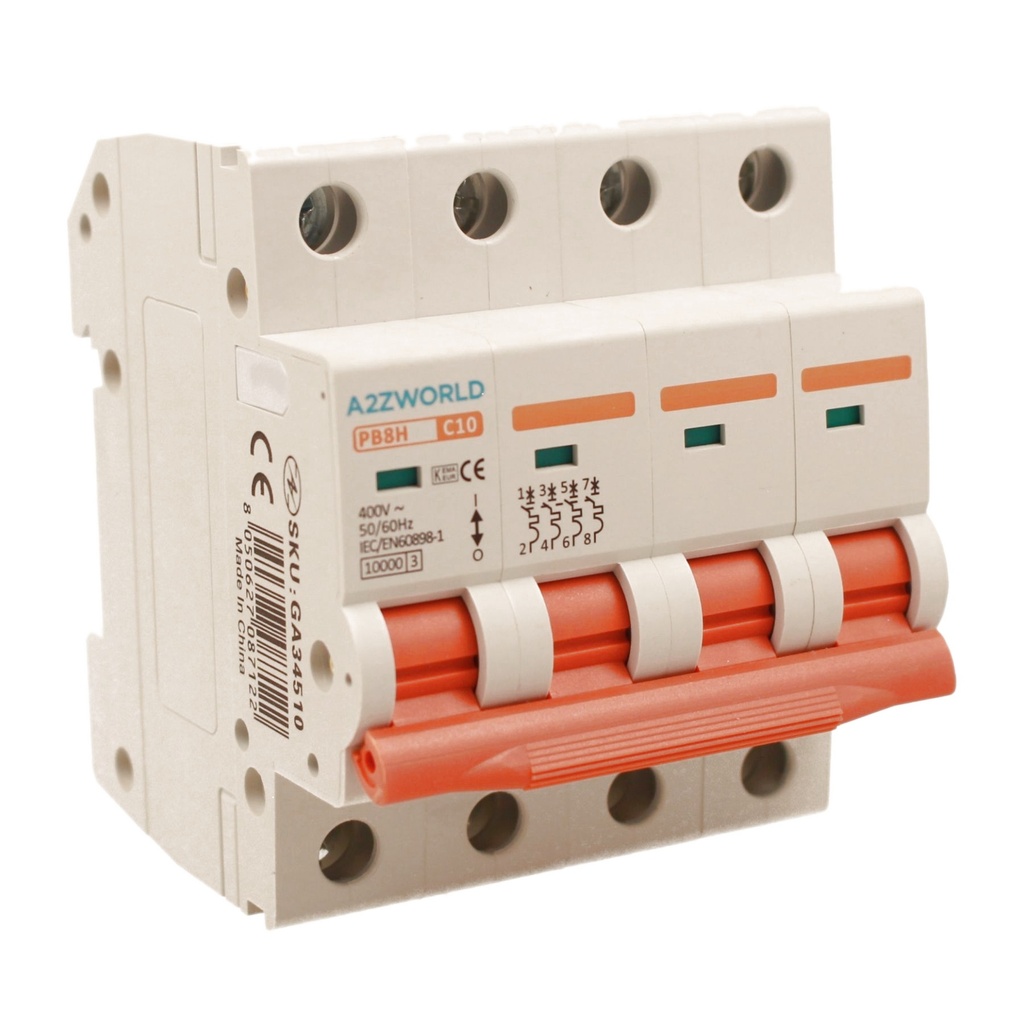A2ZWORLD MCB Interruttore Magnetotermico Trifase 380V Curva C 4P 4M 10000A AC 400V IP20 PB8H, Corrente Disponibili 10A 16A 20A 25A 32A 40A 50A 63A 