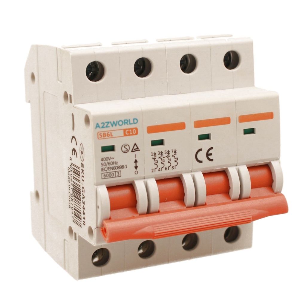 A2ZWORLD MCB Interruttore Magnetotermico Trifase 380V Curva C 4P 4M 6000A AC 400V IP20 SB6L, Corrente Disponibili 10A 16A 20A 25A 32A 40A 50A 63A 