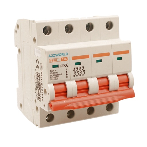 [GA34516] MCB Interruttore Magnetotermico Trifase 380V 16A Curva C 4P 4M 10000A C16A AC 400V IP20 PB8H
