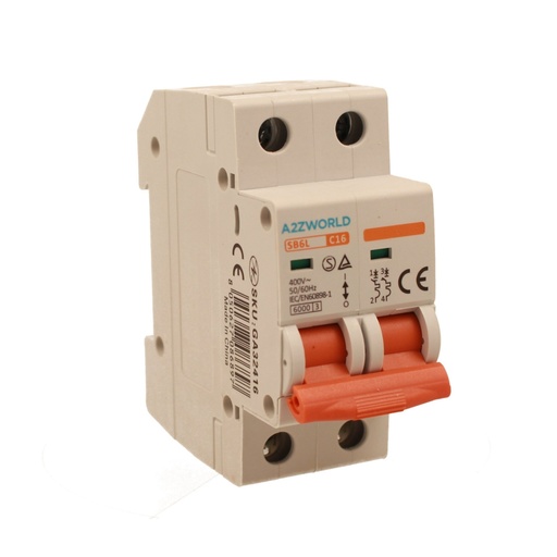 [GA32416] A2ZWORLD MCB Interruttore Magnetotermico Automatico Curva C 2P 2M 6000A C16A AC 400V IP20 IEC60898-1 SB6L