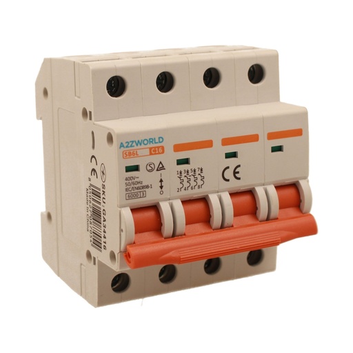 [GA34416] A2ZWORLD MCB Interruttore Magnetotermico Automatico Curva C 4P 4M 6000A C16A AC 400V IP20 IEC60898-1 SB6L