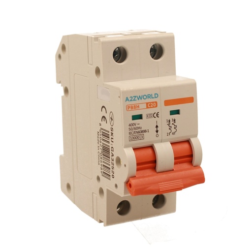 [GA32520] A2ZWORLD MCB Interruttore Magnetotermico Automatico Curva C 2P 2M 10000A C20A AC 400V IP20 IEC60898-1 PB8H