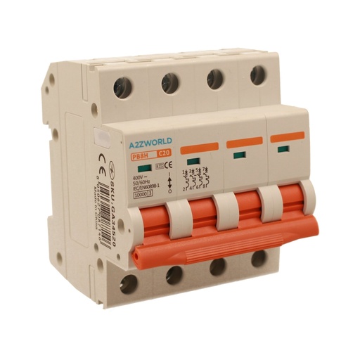 [GA34520] A2ZWORLD MCB Interruttore Magnetotermico Automatico Curva C 4P 4M 10000A C20A AC 400V IP20 IEC60898-1 PB8H