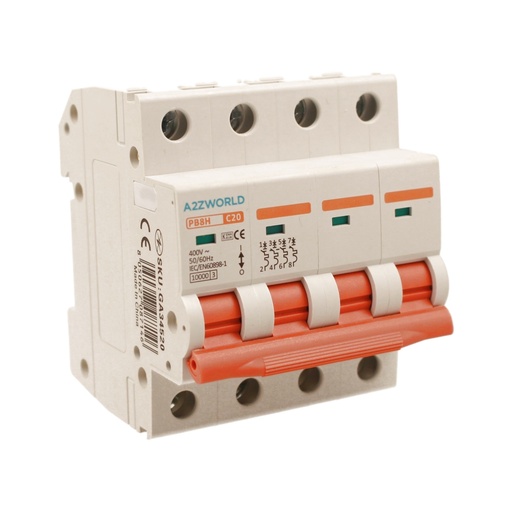 [GA34520] MCB Interruttore Magnetotermico Trifase 380V 20A Curva C 4P 4M 10000A C20A AC 400V IP20 PB8H