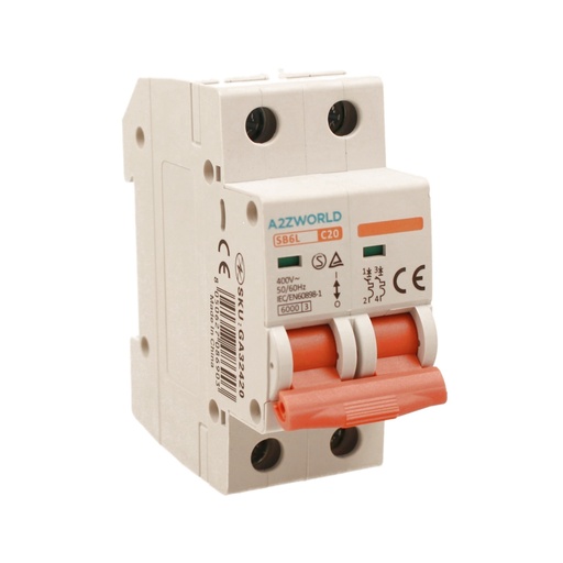 [GA32420] MCB Interruttore Magnetotermico Automatico Curva C 2P 2M 6000A C20A AC 400V IP20 SB6L