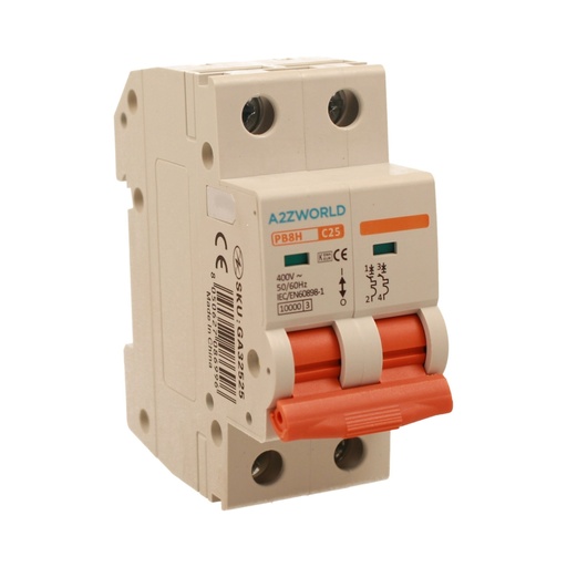 [GA32525] A2ZWORLD MCB Interruttore Magnetotermico Automatico Curva C 2P 2M 10000A C25A AC 400V IP20 IEC60898-1 PB8H