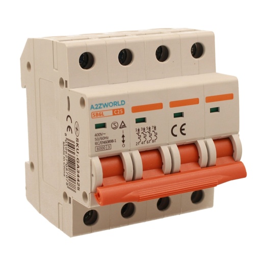[GA34425] A2ZWORLD MCB Interruttore Magnetotermico Automatico Curva C 4P 4M 6000A C25A AC 400V IP20 IEC60898-1 SB6L
