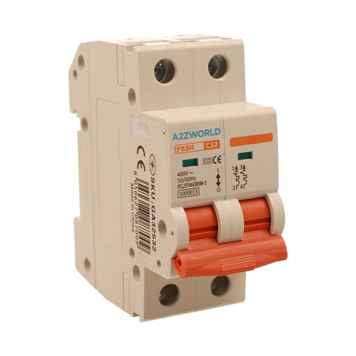 [GA32532] A2ZWORLD MCB Interruttore Magnetotermico Automatico Curva C 2P 2M 10000A C32A AC 400V IP20 IEC60898-1 PB8H