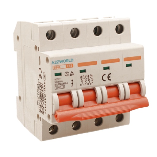 [GA34432] MCB Interruttore Magnetotermico Trifase 380V 32A Curva C 4P 4M 6000A C32A AC 400V IP20 SB6L