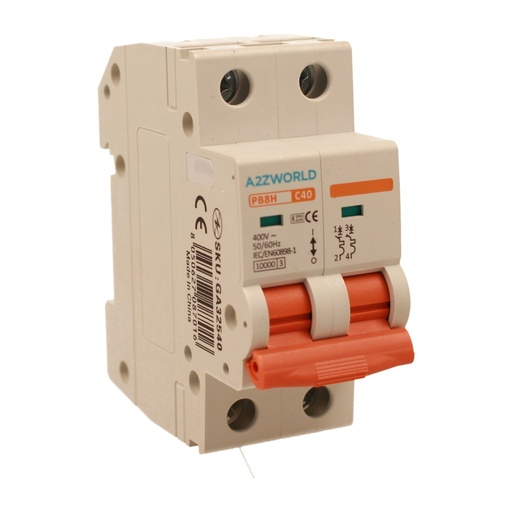 [GA32540] A2ZWORLD MCB Interruttore Magnetotermico Automatico Curva C 2P 2M 10000A C40A AC 400V IP20 IEC60898-1 PB8H