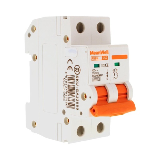 [GA32550] MeanWell MCB Interruttore Magnetotermico Automatico Curva C 2P 2M 10000A C50A AC 400V IP20 IEC60898-1 PB8H