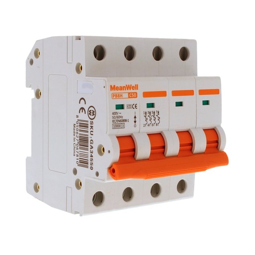 [GA34550] MeanWell MCB Interruttore Magnetotermico Automatico Curva C 4P 4M 10000A C50A AC 400V IP20 IEC60898-1 PB8H