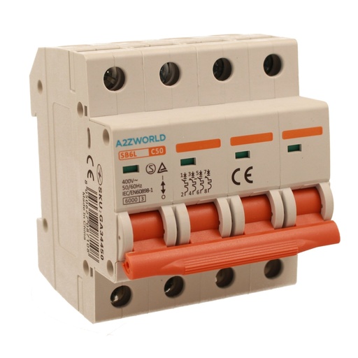 [GA34450] A2ZWORLD MCB Interruttore Magnetotermico Automatico Curva C 4P 4M 6000A C50A AC 400V IP20 IEC60898-1 SB6L