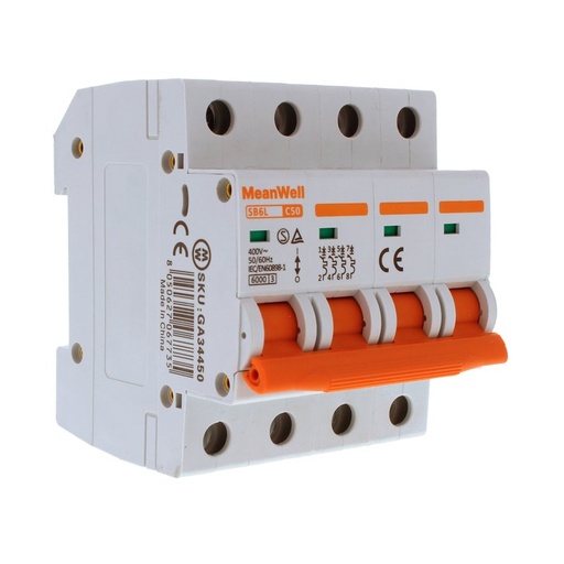 [GA34450] MeanWell MCB Interruttore Magnetotermico Automatico Curva C 4P 4M 6000A C50A AC 400V IP20 IEC60898-1 SB6L
