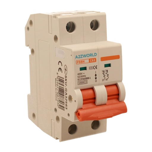 [GA32563] A2ZWORLD MCB Interruttore Magnetotermico Automatico Curva C 2P 2M 10000A C63A AC 400V IP20 IEC60898-1 PB8H