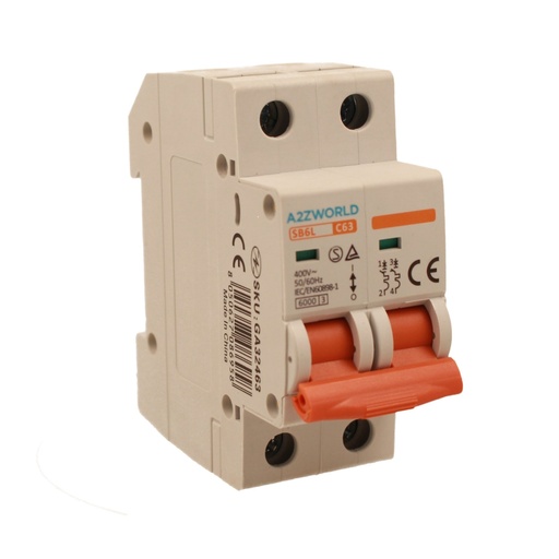 [GA32463] A2ZWORLD MCB Interruttore Magnetotermico Automatico Curva C 2P 2M 6000A C63A AC 400V IP20 IEC60898-1 SB6L