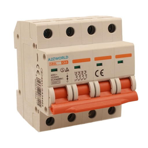 [GA34463] A2ZWORLD MCB Interruttore Magnetotermico Automatico Curva C 4P 4M 6000A C63A AC 400V IP20 IEC60898-1 SB6L