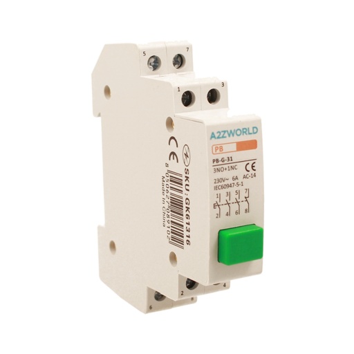 [GK61316] Pulsante Modulare Con Spia Luce Led Verde 1M 3NO+1NC 6A AC 230V IP20 IEC60947-5-1 PB