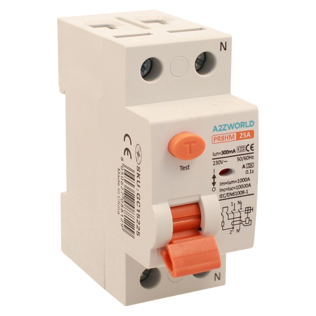 A2ZWORLD RCCB Interruttore Differenziale Puro Tipo A 1P+N 2M 10kA 300mA AC 230V IP20 IEC61008-1 PR8HM, Corrente Disponibili 25A 40A 63A 100A
