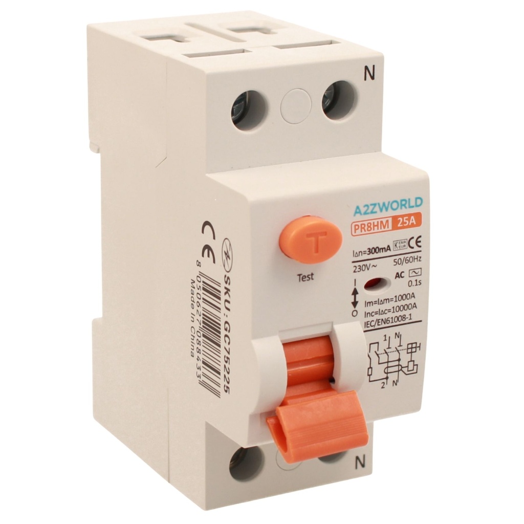 A2ZWORLD RCCB Interruttore Differenziale Puro Tipo AC 1P+N 2M 10000A 300mA AC 230V IP20 IEC61008-1 PR8HM, Corrente Disponibili 25A 40A 63A 