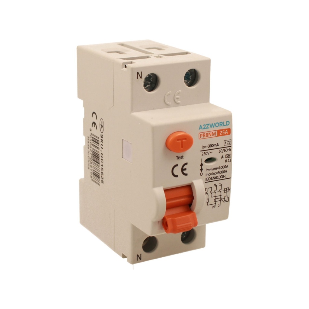 A2ZWORLD RCCB Interruttore Differenziale Puro Tipo A 1P+N 2M 6000A 300mA AC 230V IP20 IEC61008-1 PR8NM, Corrente Disponibili 25A 40A 63A 