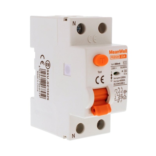 [GC15625] RCCB Interruttore Differenziale Puro Tipo A 1P+N 2M 6000A 300mA 25A AC 230V IP20 IEC61008-1