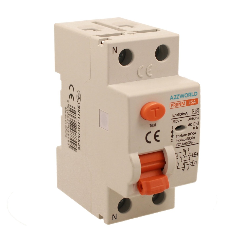 A2ZWORLD RCCB Interruttore Differenziale Puro Tipo AC 1P+N 2M 6000A 300mA AC 230V IP20 IEC61008-1 PR8NM, Corrente Disponibili 25A 40A 63A 