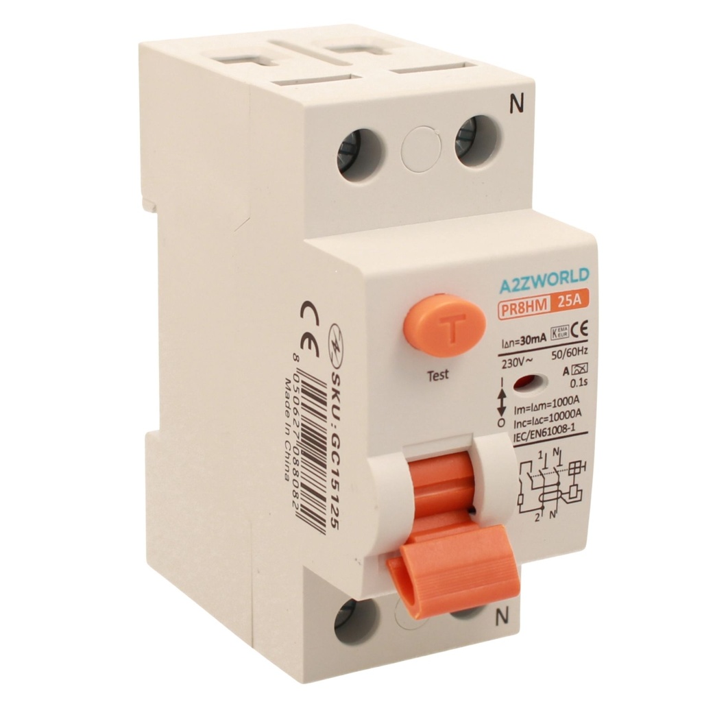A2ZWORLD RCCB Interruttore Differenziale Puro Tipo A 1P+N 2M 10000A 30mA AC 230V IP20 IEC61008-1 PR8HM, Corrente Disponibili 25A 40A 63A 100A