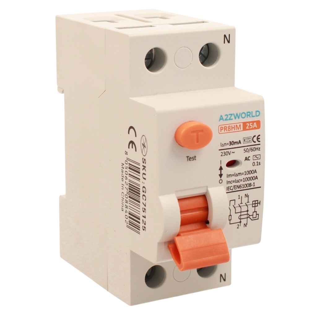 A2ZWORLD RCCB Interruttore Differenziale Puro Tipo AC 1P+N 2M 10000A 30mA AC 230V IP20 IEC61008-1 PR8HM, Corrente Disponibili 25A 40A 63A 