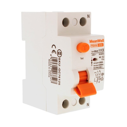 [GC75125] RCCB Interruttore Differenziale Puro Tipo AC 1P+N 2M 10000A 30mA 25A AC 230V IP20 IEC61008-1