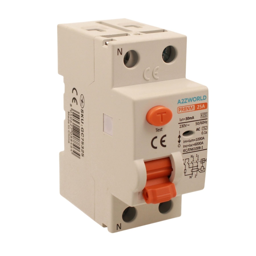 A2ZWORLD RCCB Interruttore Differenziale Puro Tipo AC 1P+N 2M 6000A 30mA AC 230V IP20 IEC61008-1 PR8NM, Corrente Disponibili 25A 40A 63A 