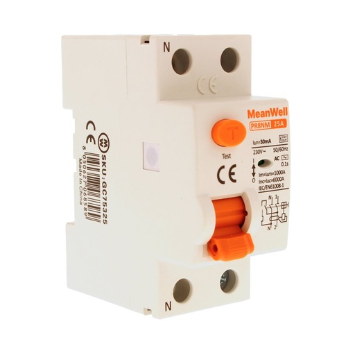 [GC75325] MeanWell RCCB Interruttore Differenziale Puro Tipo AC 1P+N 2M 6000A 30mA 25A AC 230V IP20 IEC61008-1 PR8NM