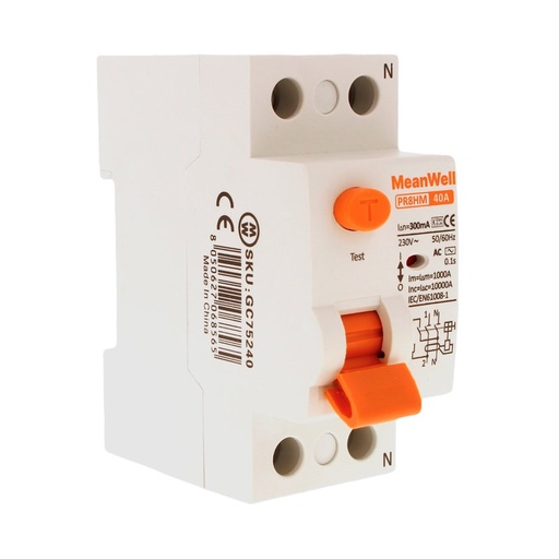 [GC75240] MeanWell RCCB Interruttore Differenziale Puro Tipo AC 1P+N 2M 10000A 300mA 40A AC 230V IP20 IEC61008-1 PR8HM