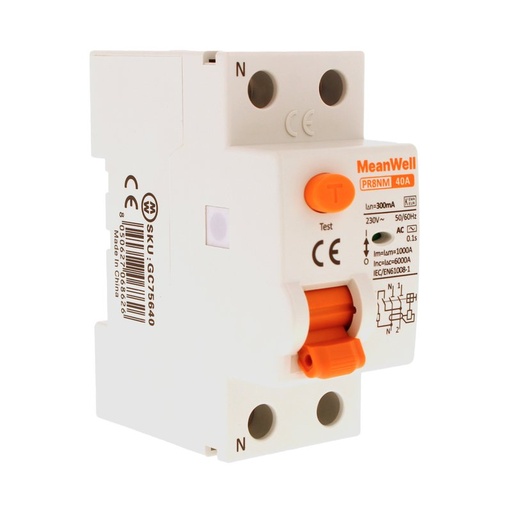[GC75640] MeanWell RCCB Interruttore Differenziale Puro Tipo AC 1P+N 2M 6000A 300mA 40A AC 230V IP20 IEC61008-1 PR8NM