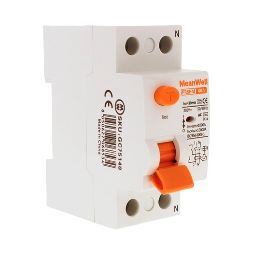 [GC75140] MeanWell RCCB Interruttore Differenziale Puro Tipo AC 1P+N 2M 10000A 30mA 40A AC 230V IP20 IEC61008-1 PR8HM