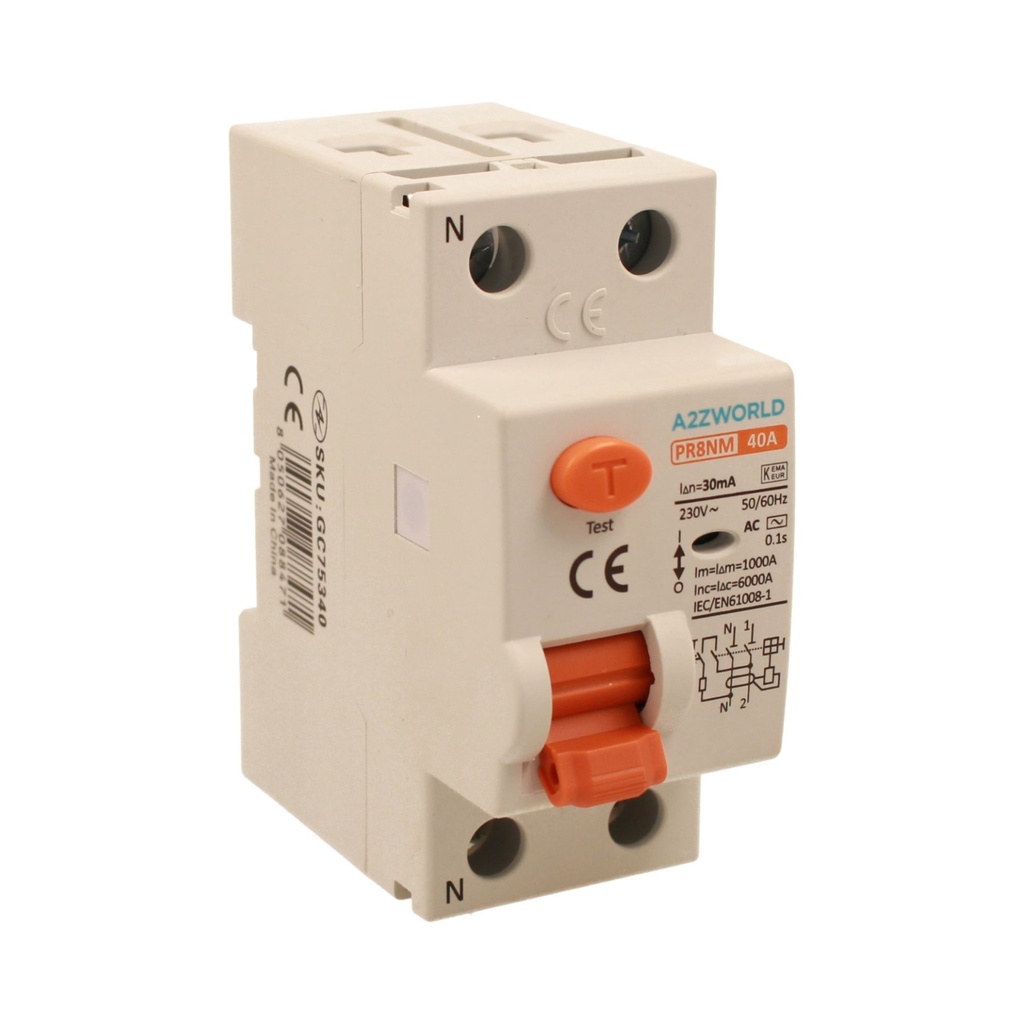 RCCB Interruttore Differenziale Puro Tipo AC 1P+N 2M 6000A 30mA 40A AC 230V IP20 IEC61008-1 PR8NM