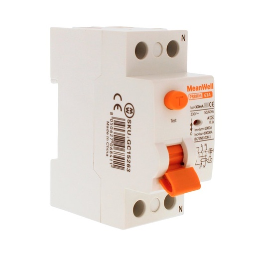 [GC15263] MeanWell RCCB Interruttore Differenziale Puro Tipo A 1P+N 2M 10000A 300mA 63A AC 230V IP20 IEC61008-1 PR8HM